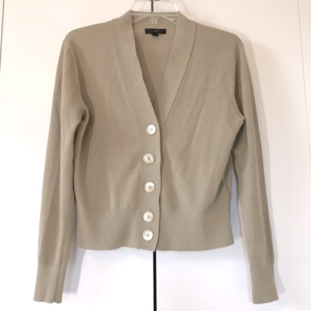 J Crew Cropped Green Tan Button Down V neck Long Sleeves Sweater Cardigan S